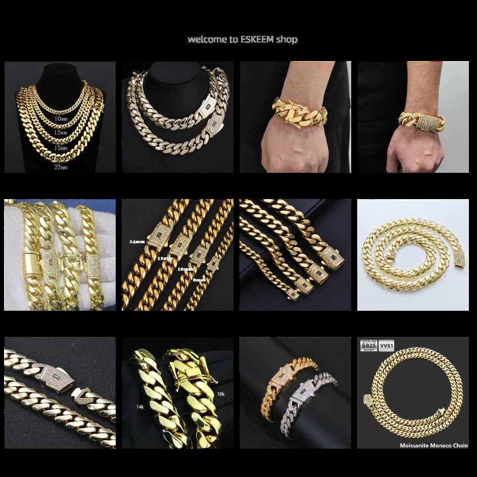 Pulseira ESKEEM Hip Hop Monaco PVD Banhado a Ouro 14k Correntes Miami Cuban Link 6/9/11/13MM Aço Inoxidável para Mulheres e Homens