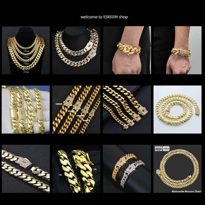 Pulseira ESKEEM Hip Hop Monaco PVD Banhado a Ouro 14k Correntes Miami Cuban Link 6/9/11/13MM Aço Inoxidável para Mulheres e Homens