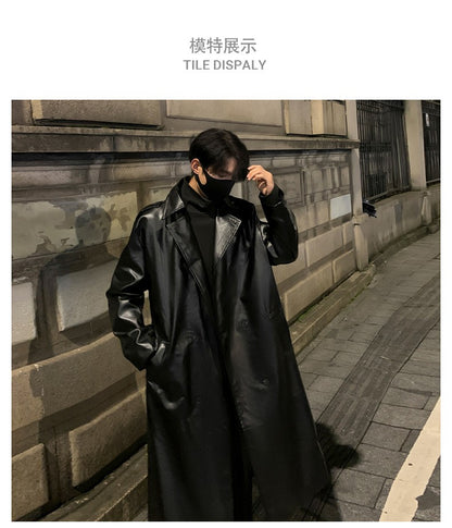 Autumn Trench Coat Men's High-end Luxury Double Row PU Leather Coat Male Long Korean Style Windbreaker Motorcycle Leather Jacket