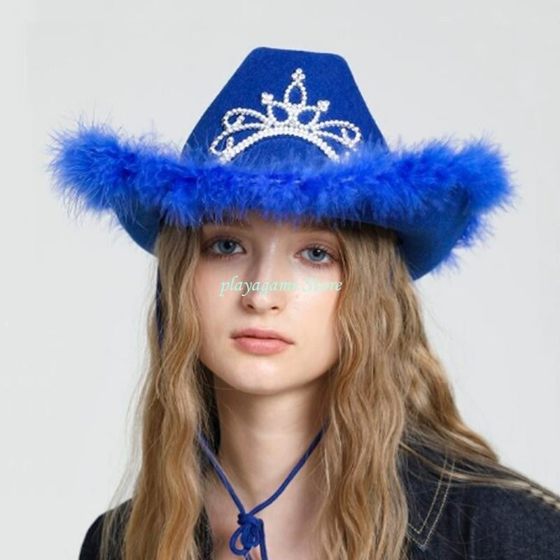 Y88A Furry Trims Western Hat Western Jazzs Party Hat Woman Cowgirls Hat Party