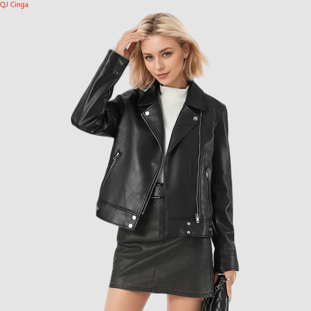 New Fall Women's Black Long-Sleeve Leather Jacket, Short-Length Collared PU Coat, Stylish Slim-Fit Biker Top.