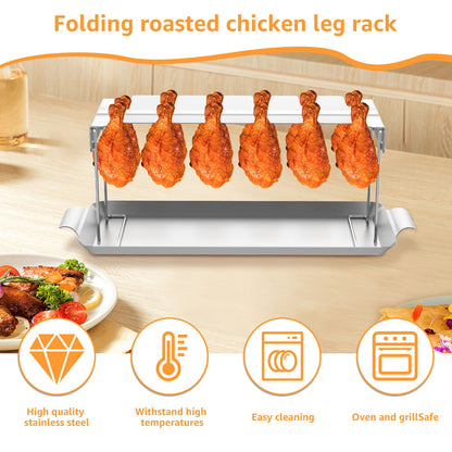 Chicken Leg Rack for Grill Barbecue Cooking Rack Stainless Steel Chicken Wing Rack with Drip Tray Folding BBQ Drumstick Stand
