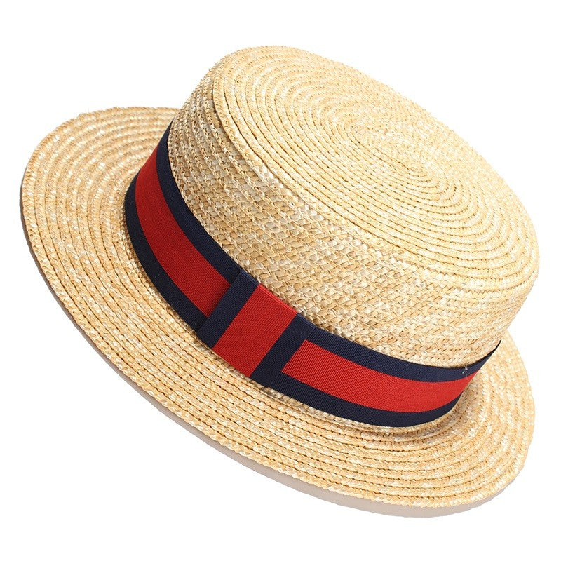 REHOOS Natural Wheat Straw Boater Fedora Top Flat Hat Women Summer Beach Flat Brim Cap Bowknot Ribbon For Holiday Party