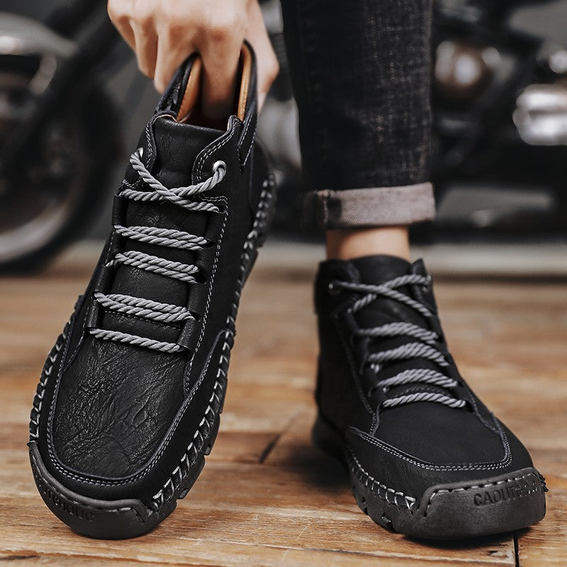 Botas masculinas costuradas à mão, sapatos casuais plus size, botas confortáveis e macias, botas antiderrapantes para uso externo