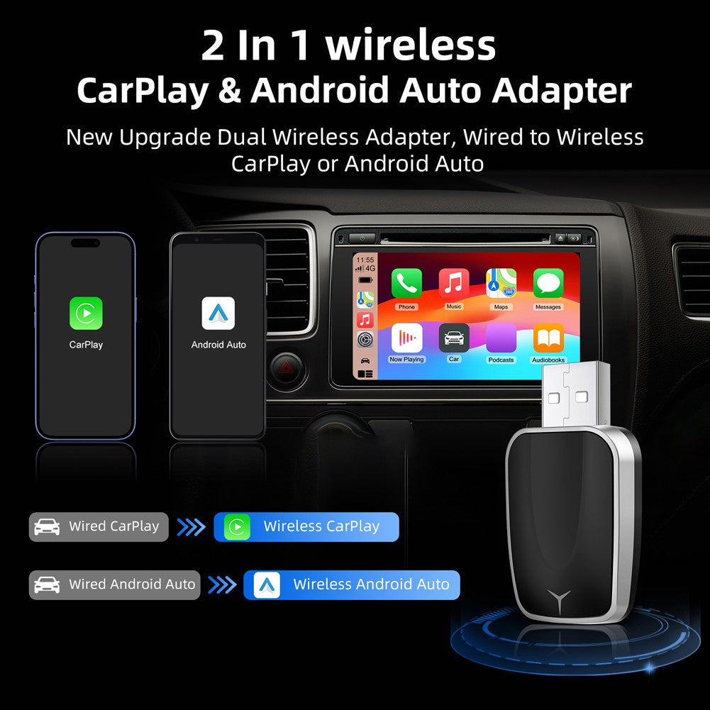 2-in-1 Wired to Wireless CarPlay Adapter & Android Auto Wireless Adapter Bluetooth Dongle Plug And Play USB-A/C for (2016+ Cars)