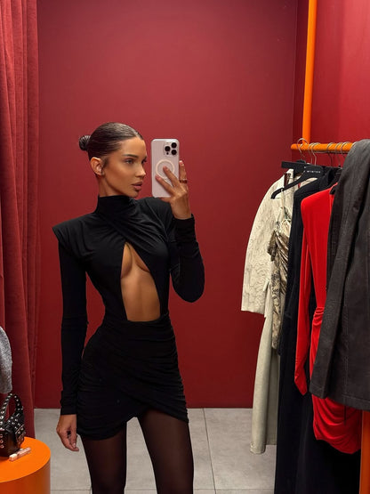 Sexy Hollow-out Pleated Mini Dress Women Fashion Solid Half High Collar Long Sleeve Slim Dresses 2025 Lady Party Club Robes