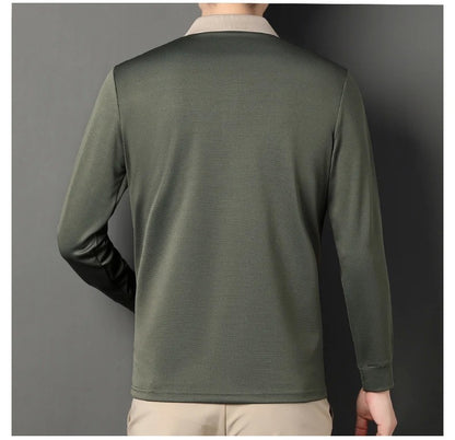 New Men's Long-sleeved Polo Shirt Sweatwear Business Casual Top Fashion Classic Solid Color Male Brand Basic V-neck Top