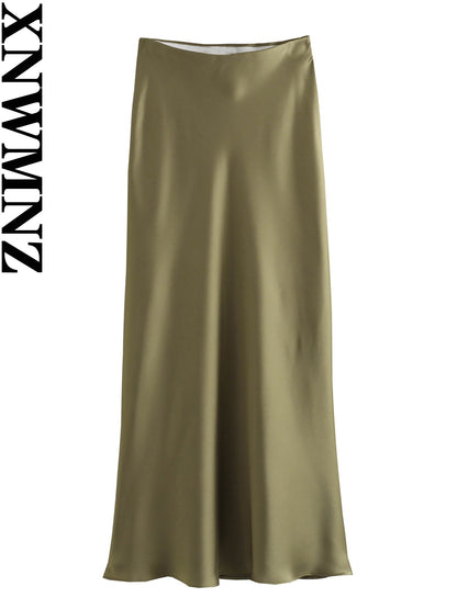 XNWMNZ Women's Fashion 2023 Flowing Satin Midi Skirt Women Vintage Elastic High