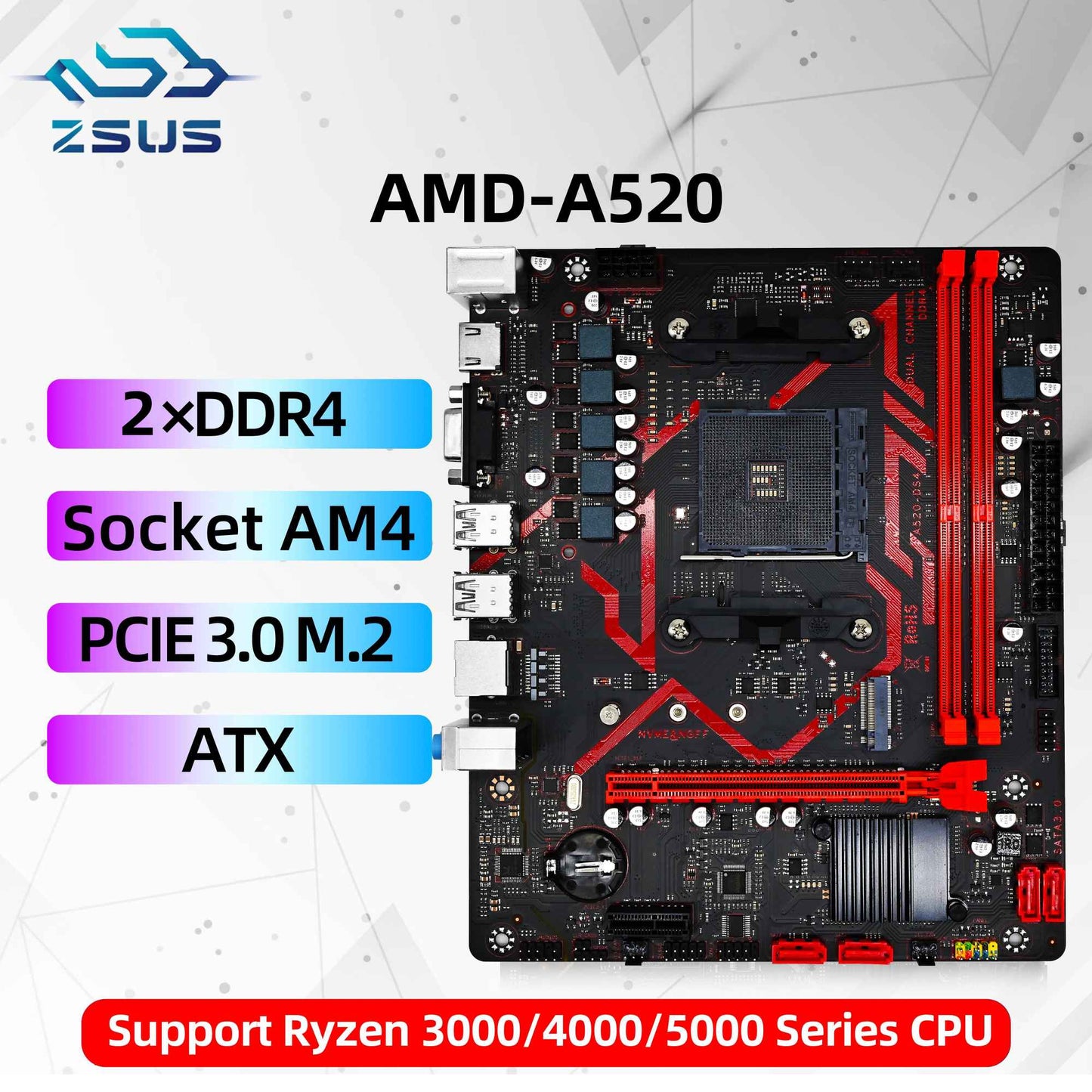 Placa-mãe ZSUS A520 AMD Ryzen 5 5600X DDR4 32GB 3200MHz Suporte M.2 NVMe Placa-mãe Micro ATX AM4 Ryzen