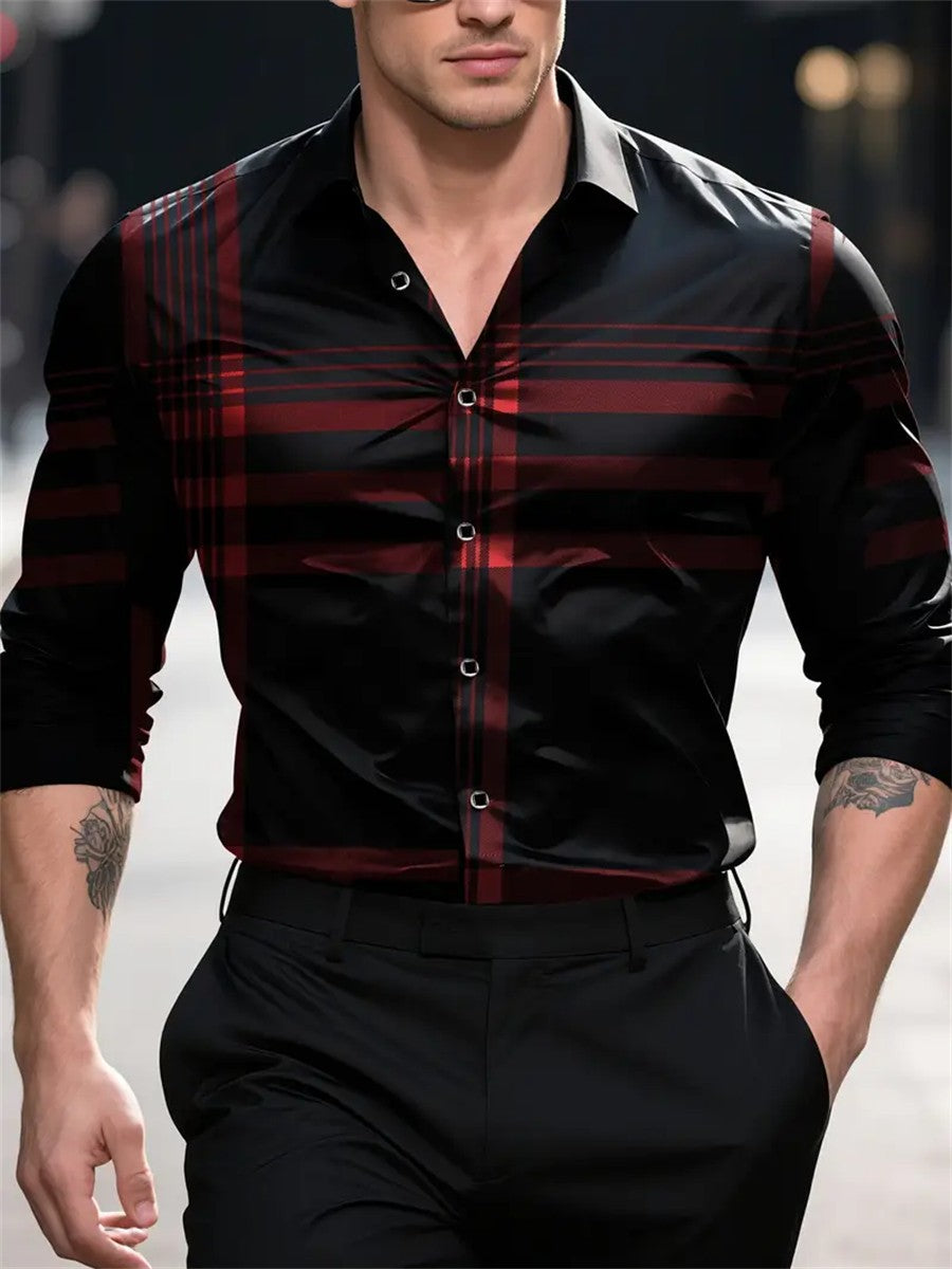 Men's plaid long-sleeved shirt, elegant casual wear, fashionable and trendy men's high-quality non-iron lapel top