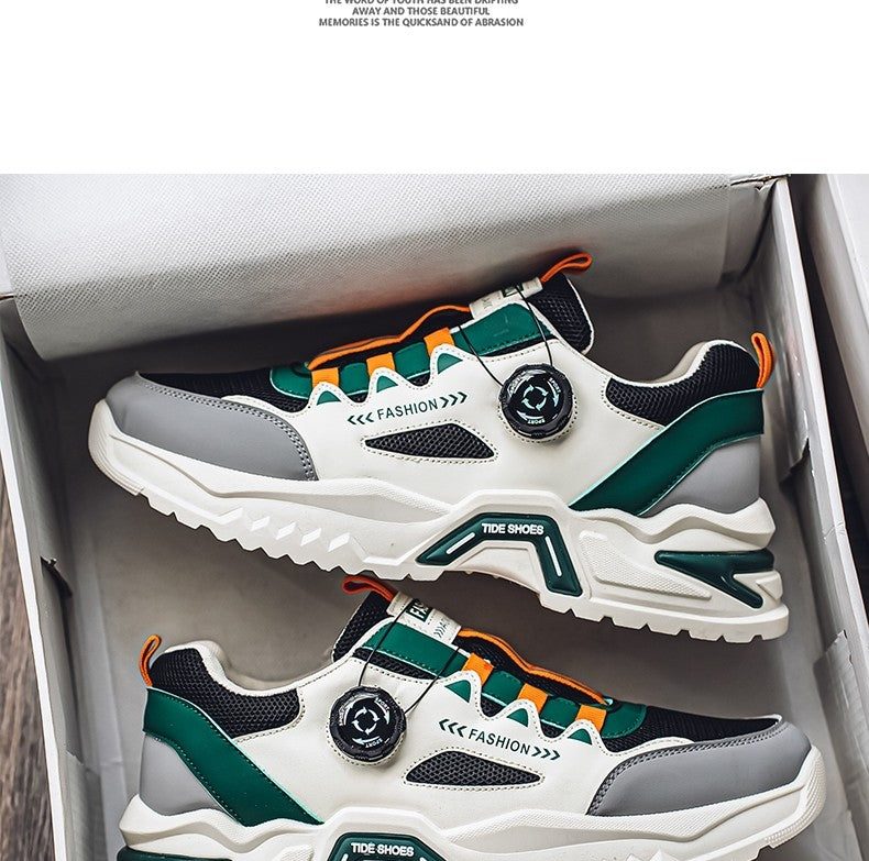 Tênis masculino coreano com fivela rotativa, moda casual, esportivo, para as quatro estações, solado macio, antiderrapante, para corrida ao ar livre, tênis de estudante
