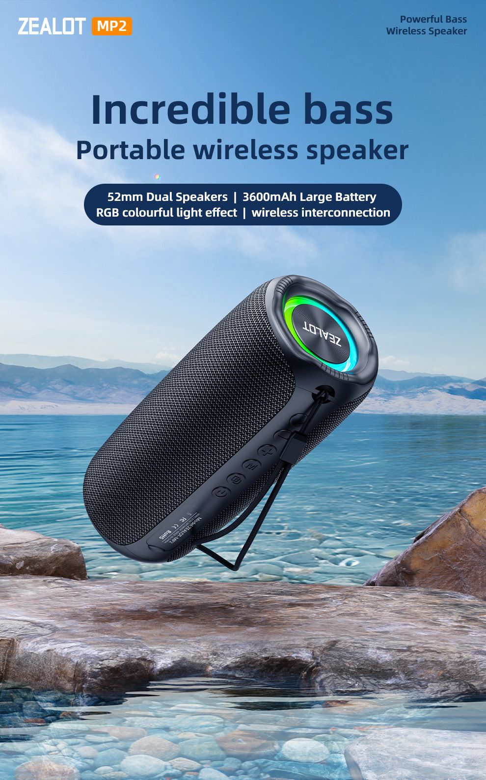 ZEALOT-MP2 Bluetooth Speaker,Ultra Portable, Up to 15H Playtime,IP65 Waterproof and Dustproof,Powerful Sound for outdoor