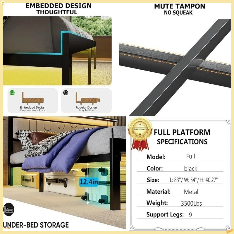 Black Platform Bed Full-Size, Charging Station & LED Lights - Double Storage Headboard for Room