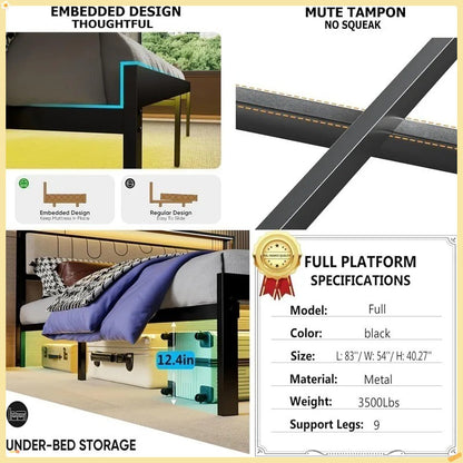 Black Platform Bed Full-Size, Charging Station & LED Lights - Double Storage Headboard for Room