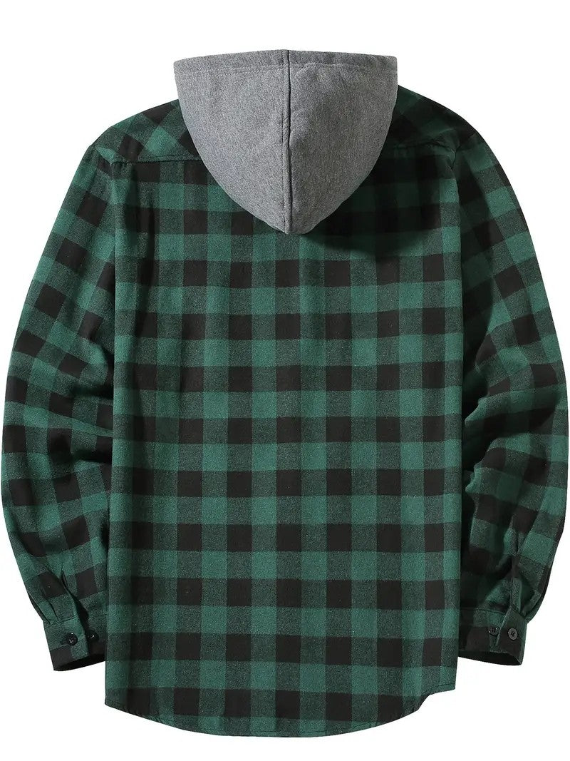 Youth Fashion Street Hooded Plaid Shirt Men's Slim Fit Long Sleeved Shirt Couple Travel Casual Shirt Men's Sports Shirt Jacket