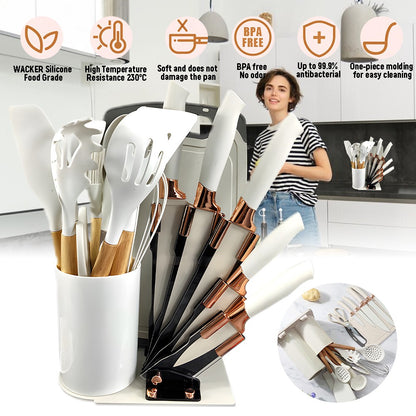 MDHAND Kit de Utensílios de Cozinha de Silicone Resistente ao Calor com 20 Peças, com Cabos de Madeira, Facas, Colher de Sopa com Tesouras, Cozinhe Sem Complicações