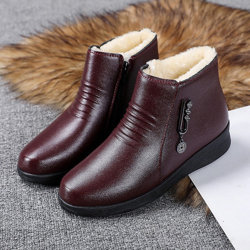 Leather Boots 2024 New Winter Middle-aged Flat Bottom Shoes for Women Soft Bottom Non-slip Wool Warm Cotton Shoes Women Boots