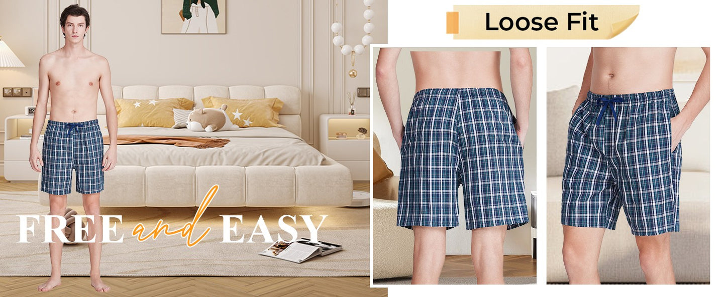 3pcs Mens Pajama Pants Woven 100% Cotton Classic Plaid Shorts Sleepwear Casual  Comfortable with Button and Drawstring Pockets