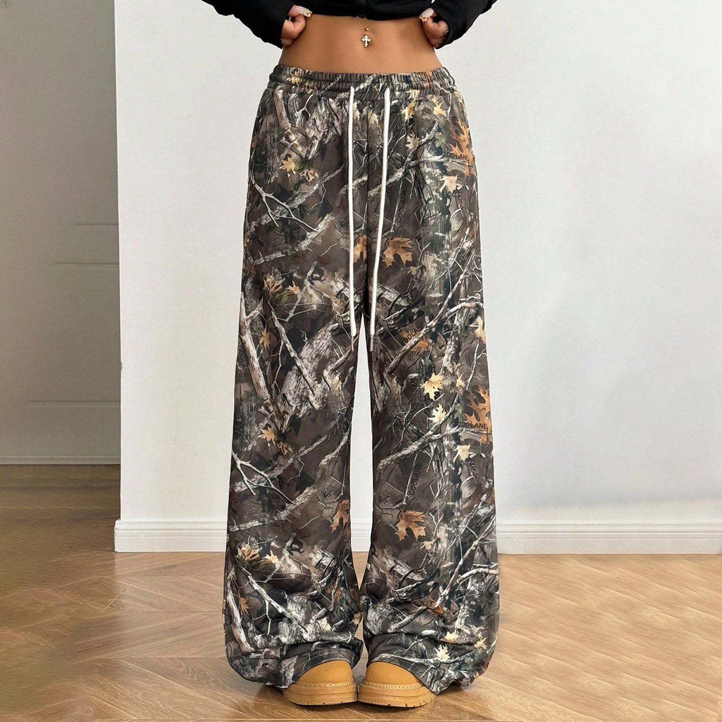Women's Wide Leg Camo Pants Lightweight Elastic Waist Camouflage Print Loose Pants Trousers Y2K Vintage Streetwear
