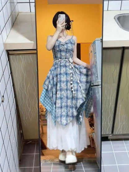 Watercolor Gingham Slip Dress Women 2025 Summer Sweetheart Aesthetic Asymmetric Tie Waist A Line Dreamcore Romance