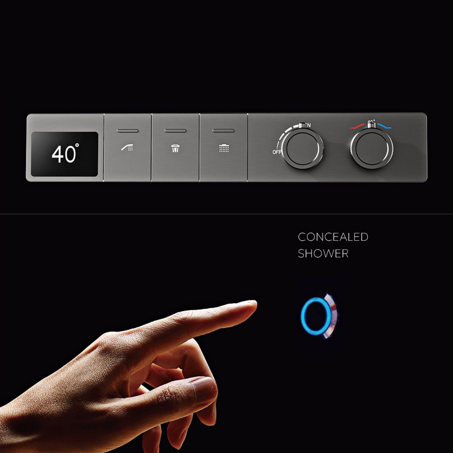 Sistema de chuveiro de teto luxuoso em latão cinza escuro com temperatura constante e display digital LED de água quente e fria, torneira de banheiro embutida
