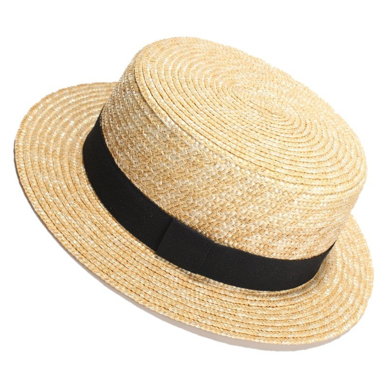REHOOS Natural Wheat Straw Boater Fedora Top Flat Hat Women Summer Beach Flat Brim Cap Bowknot Ribbon For Holiday Party