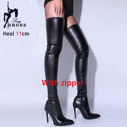 Women's Boots High Heel 11cm Matte Black Over Knee Boots Large Size 34-44 Side Zipper Fashion Personality Striper Long Boots