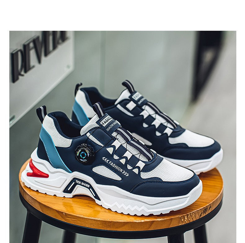 Tênis masculino coreano com fivela rotativa, moda casual, esportivo, para as quatro estações, solado macio, antiderrapante, para corrida ao ar livre, tênis de estudante