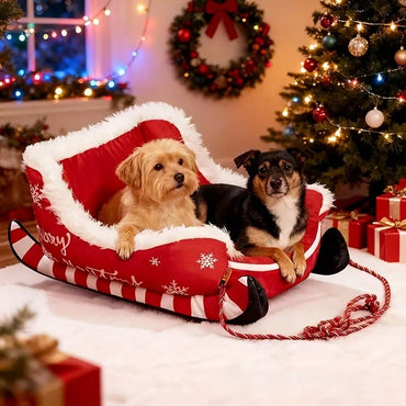 Cama Trenó de Natal Sofá Quente para Animais de Estimação de Pelúcia Removível e Lavável com Base Antiderrapante Ninho de Gato e Cachorro de Natal para Inverno Interno e Externo