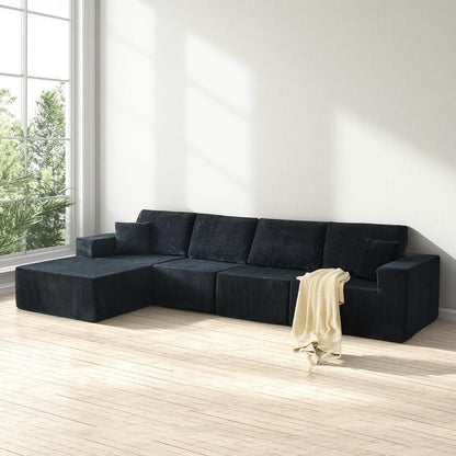 139.3" Luxury L-Shaped Modular Sofa – Corduroy Boneless Cloud Couch with Deep Seat, Movable Ottoman for Living Room