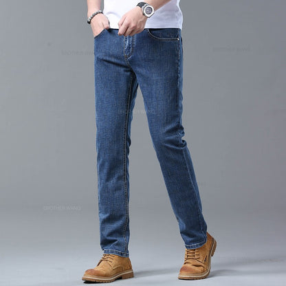 Spring Men's Light Blue Slim Jeans Stylish Casual Stretch Fabric Denim Pants Classic Trousers Smoke Gray