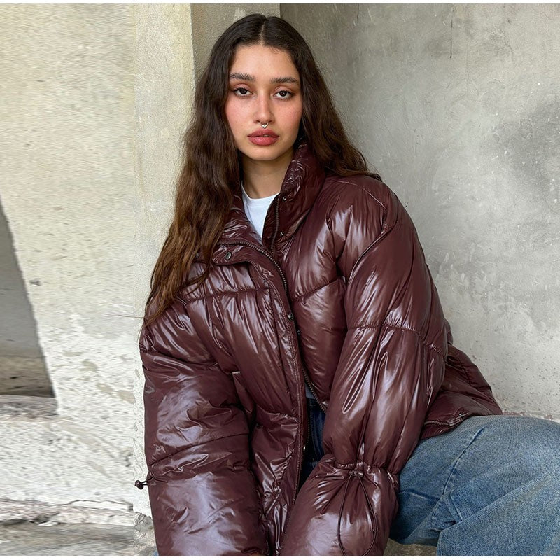 Thicken Cotton Jackets Women High Neck Long Sleeves Zipper Drawstring Coats Female 2025 Winter Fashion Chic Solid Warm Outwears