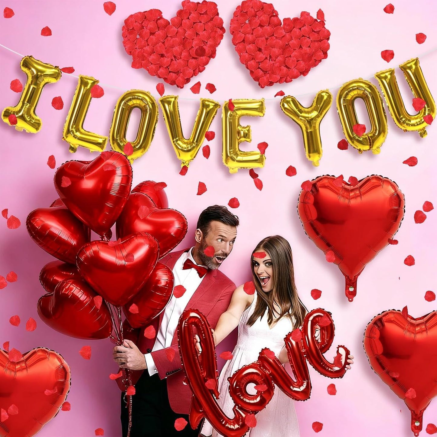 I Love You/Red Heart Love Foil Balloon 1000Pcs Rose Petals for Wedding Anniversary Valentine Day Romantic Special Night Party