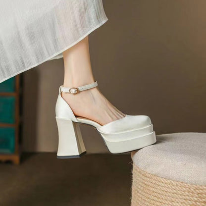 Sapatos de salto alto feminino plataforma chunky bico fechado salto bloco bico quadrado com tira no tornozelo para festas casamentos formaturas 2025