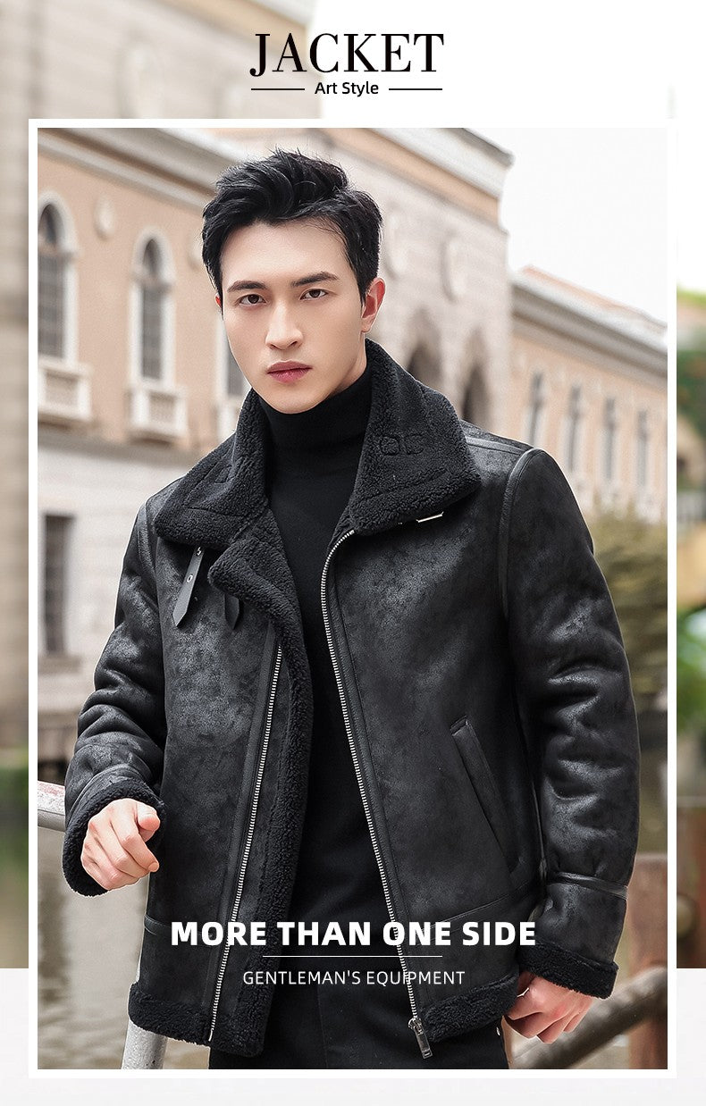 Lamb Cashmere PU Leather Jacket Mens Plus Velvet Men Winter Warm Motorcycle Thickened Leather Coat Man Fleece PU Leather Coats