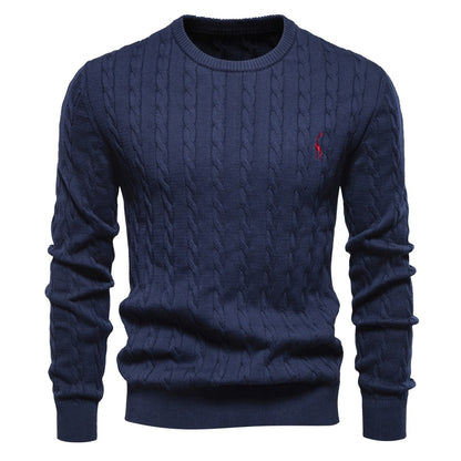 AIOPESON Mens Giraffe Embroidery Cotton Sweaters Round Neck Classic Twist Patterned Pullover Knitted Sweater for Men