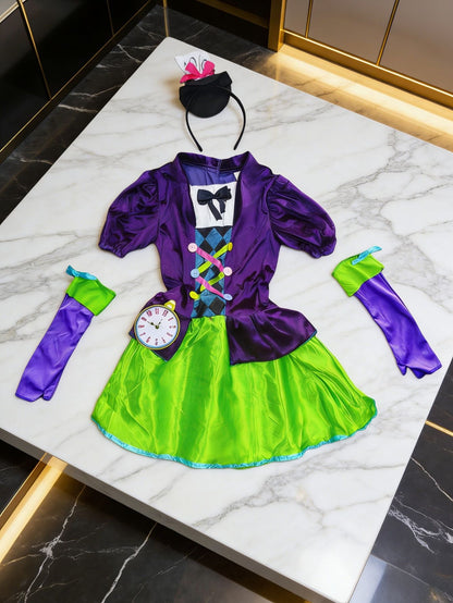 Kids mad hatter themed costume with hat & clock decor for Halloween party dress-up