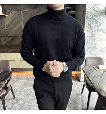 Korean Fashion Autumn Winter Sweaters Men Pullovers Fleece Turtleneck Knitted Sweatshirt Warm Bottoming Shirts