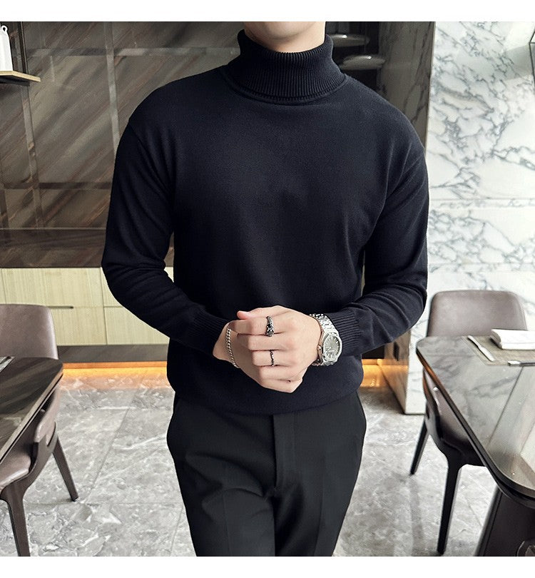 Korean Fashion Autumn Winter Sweaters Men Pullovers Fleece Turtleneck Knitted Sweatshirt Warm Bottoming Shirts