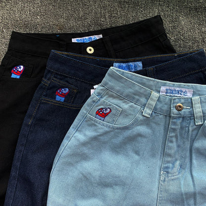 Y2K Embroidery Baggy Boy Jeans Women Streetwear Gothic Cartoon Blue Straight Jeans Retro Punk Rock High Waist Denim Trousers