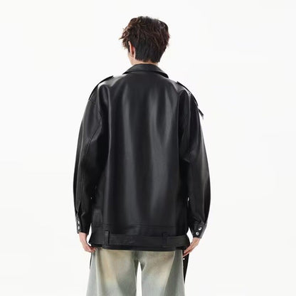 American Retro High Street Loose Motorcycle Biker Black Pu Faux Leather Jackets with Belt Spring Autumn Male Zipper Coat Outwear