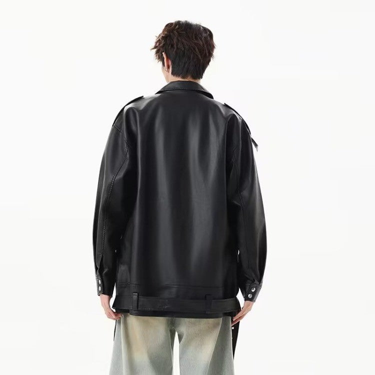 American Retro High Street Loose Motorcycle Biker Black Pu Faux Leather Jackets with Belt Spring Autumn Male Zipper Coat Outwear