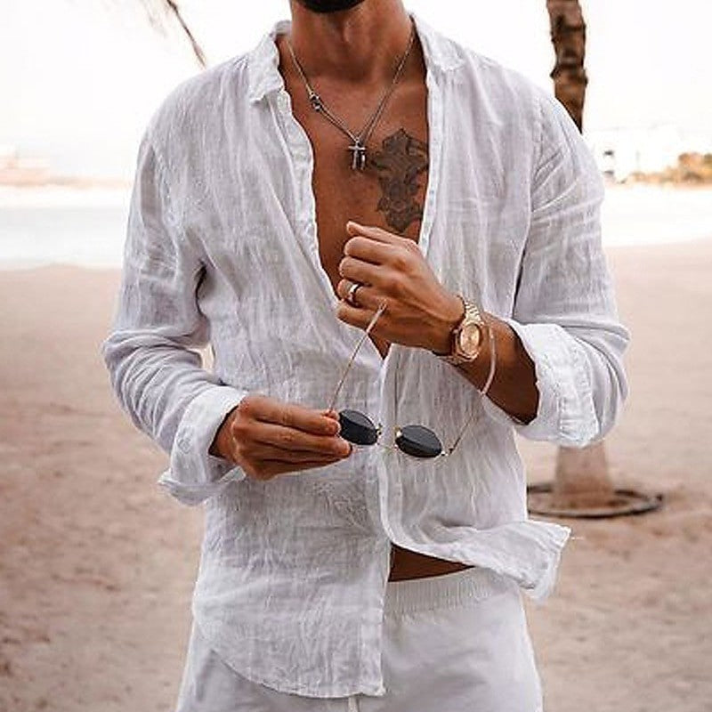 Vintage Men's Shirts Cotton Linen Breathable Beach Style Shirt Classic Solid Button Lapel Long Sleeve Oversize Shirts Streetwear
