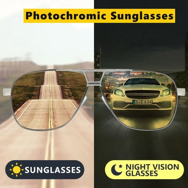 Men Night Vision Polarized Photochromic Sunglasses Aviator Style Yellow Color Change Lenses Driving Sun Glasses