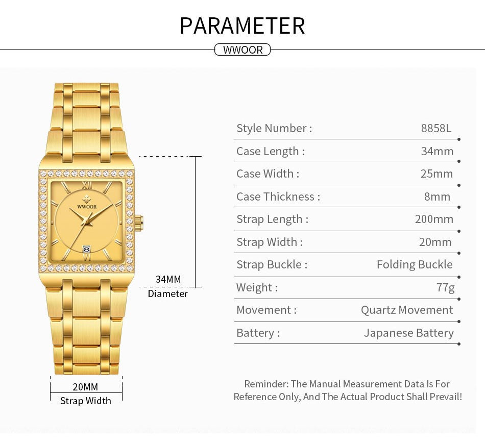 WWOOR Top Brand Luxury New Ladies Diamond Watch Fashion Square lady Wrist Watch Simple Women Dress Small Watch Relogio Feminino