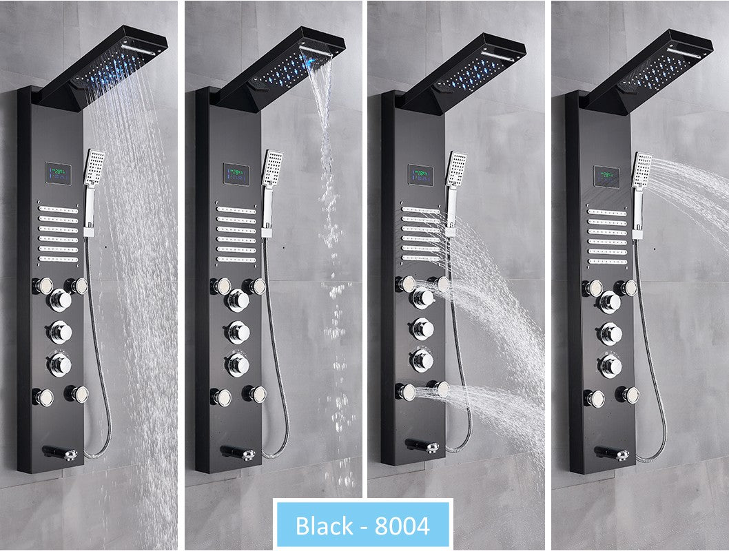 Sistema de Torre de Painel de Chuveiro de LED Coluna de Chuveiro de Cascata de Chuva com Tela LCD de Hidroeletricidade com Torneira de Chuveiro de Spa de Corpo com Massagem
