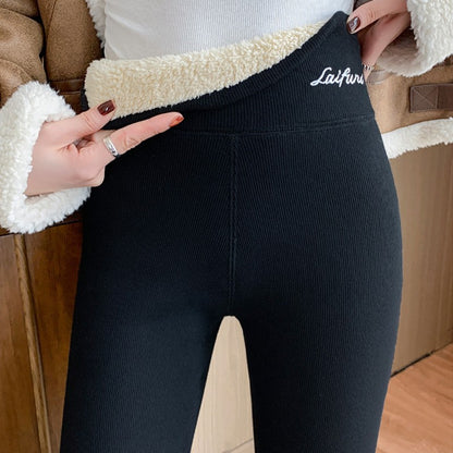 220g/350g Women High Waist Warm Thicken Tights Winter  Embroidery Solid Casual Fleece Pants Comfortable Versatile Points Pants