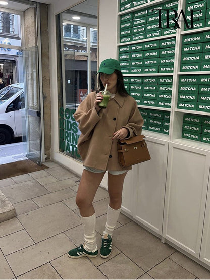 Sobretudo Feminino Casual Vintage Cáqui Manga Morcego Gola Lapela Quente Tweed Outono Inverno Moda Solto Abotoamento Único