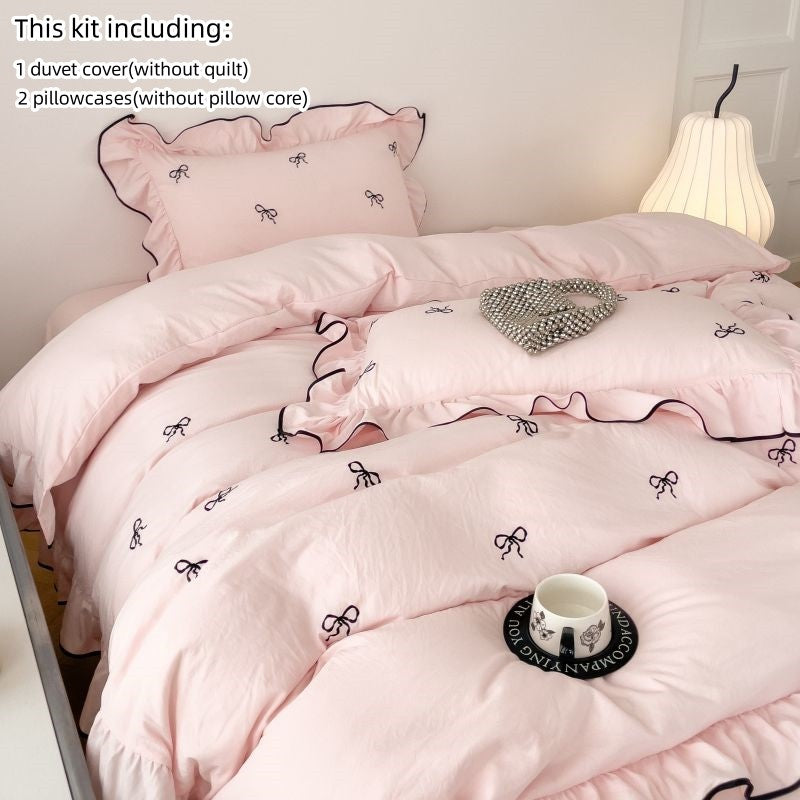 3pcs bow embroidery Bedding set ruffles Duvet Cover Set (1*Duvet Cover + 2*Pillowcase, Without Core)for bedroom guest room