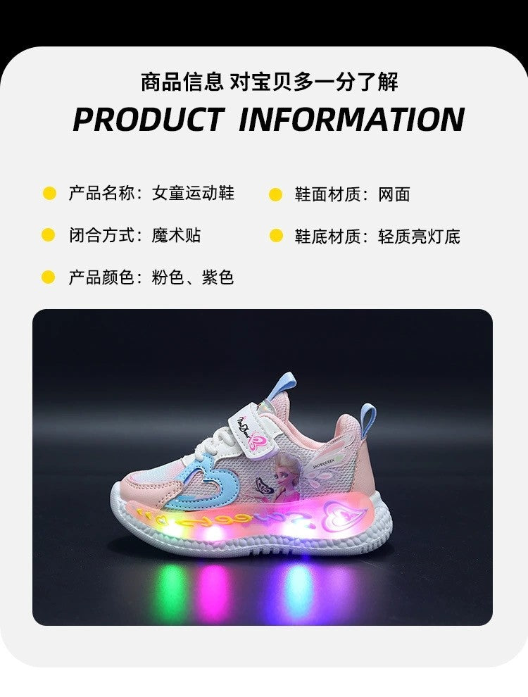 Disney Children Led Shoes Kids Girls Sneakers Frozen Elsa Princess Lighting Shoes Pink Purple Casual Sports Shoes Size 21-31